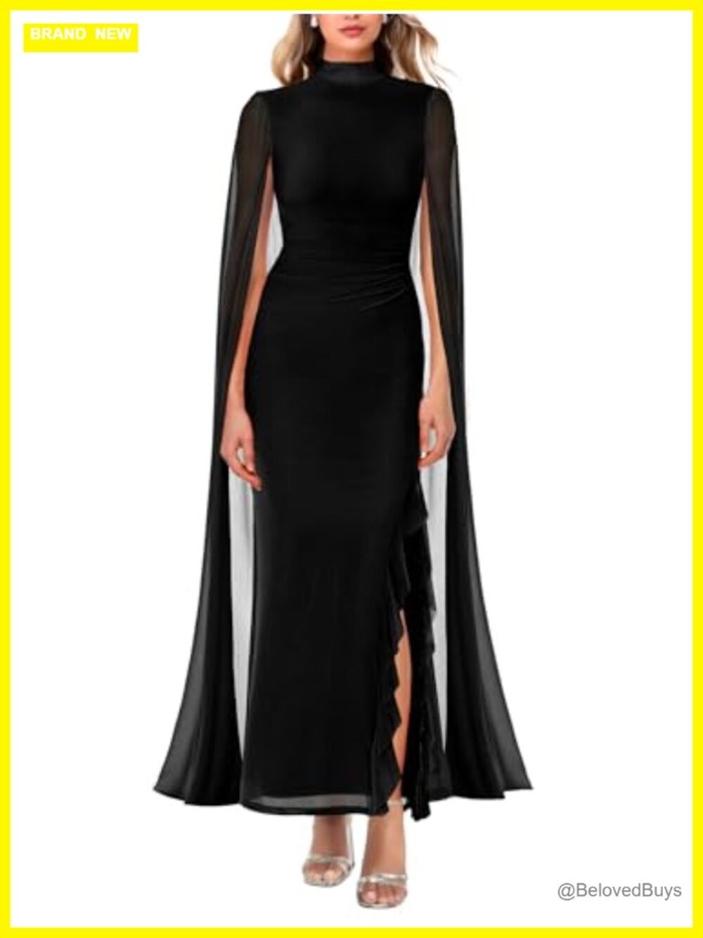 Lrady Formal Maxi Dress High Neck Bodycon Cape Sleeve Evening Gown